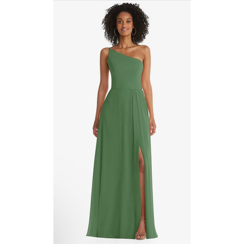 NWT! After Six 1555 One Shoulder Chiffon Maxi Dress Vineyard Green 8